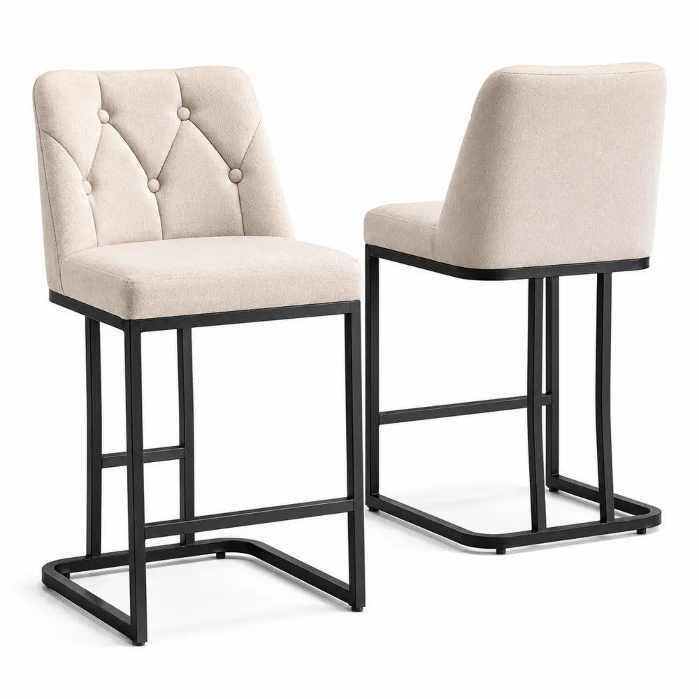 Set di 2 sgabelli in tessuto beige e metallo nero