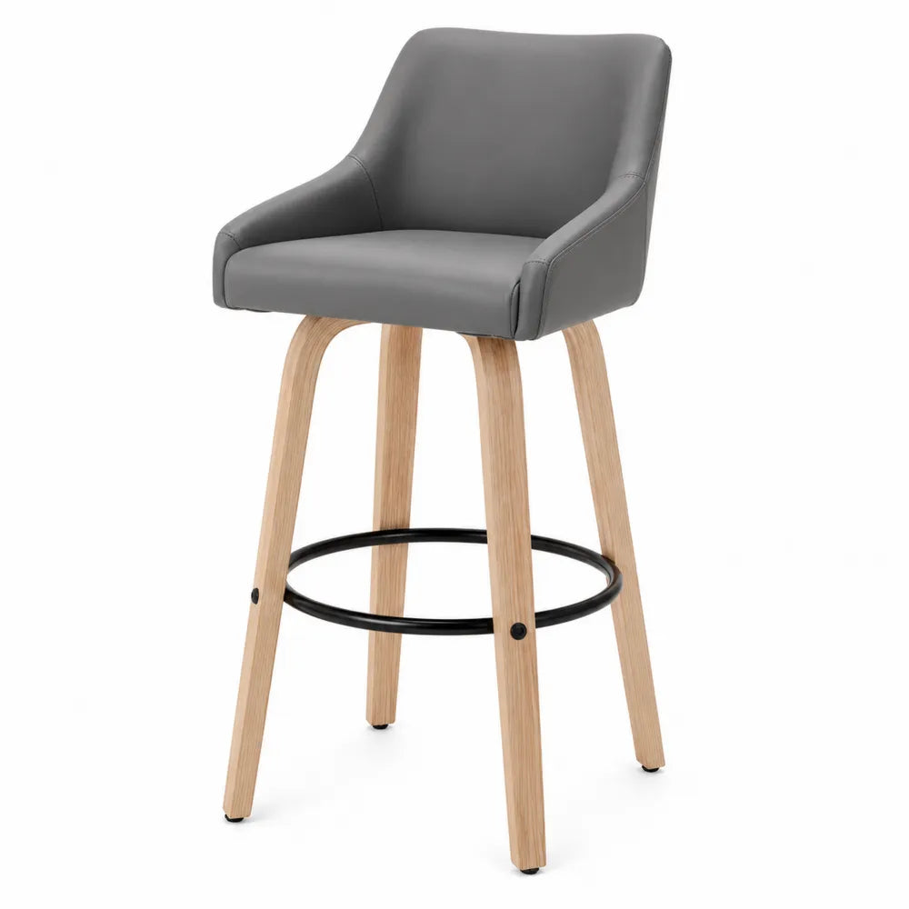 Sgabello Bar Grigio in Pelle PU con Gambe in Legno di Faggio