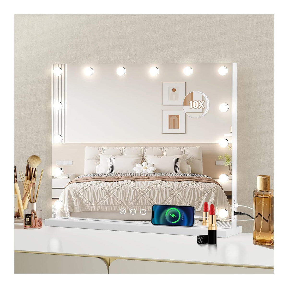 Hollywood Specchio Trucco Luc, Specchio regolabile struttura in metallo bianco
