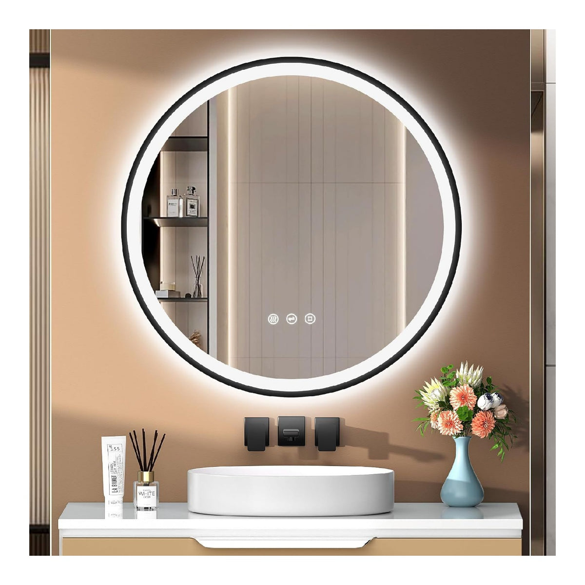 Lampada da parete Specchio rotondo illuminazione anti-appannamento, dimmerabile, nero