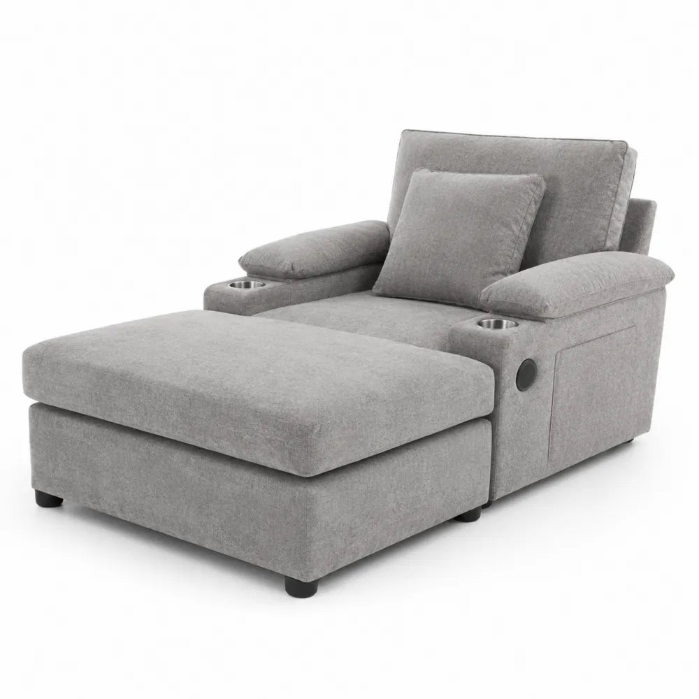 Divano Chaise Longue in Tessuto Grigio con Porta Bicchieri