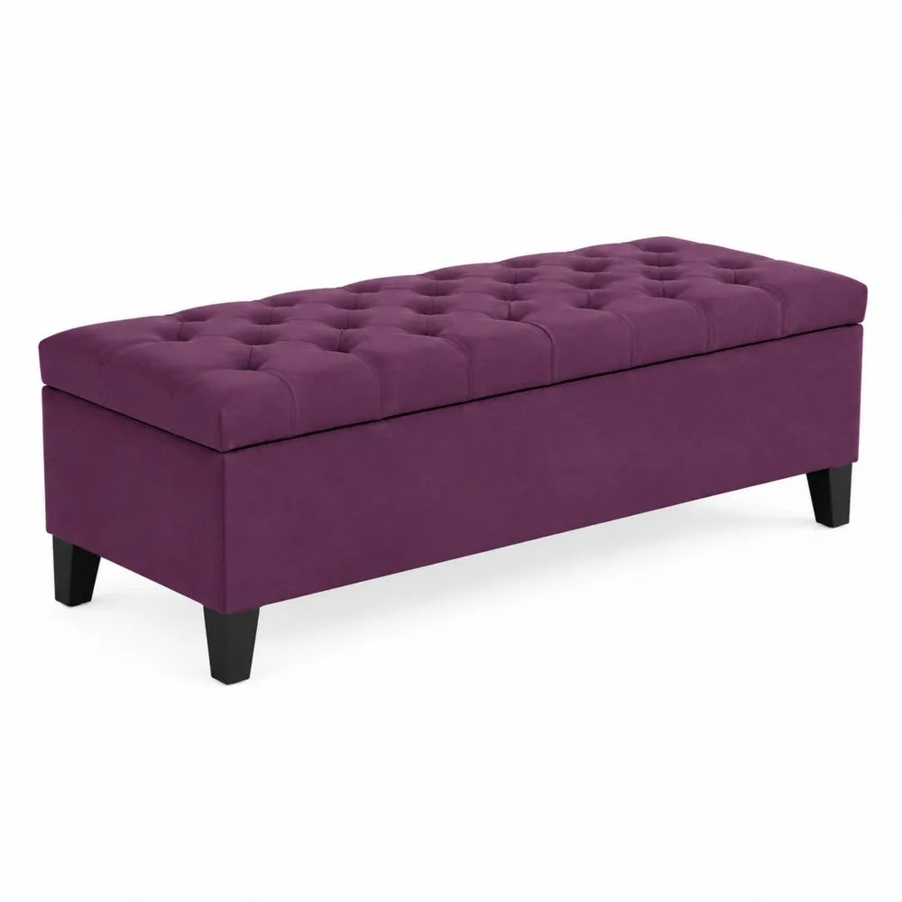 Panca con contenitore in velluto viola con gambe in legno 120x40x45 cm