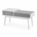 Panca in legno con seduta in tessuto grigio e cassetto bianco